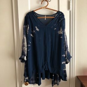Free People Navy Blue Tie Dye Blouse Top Medium